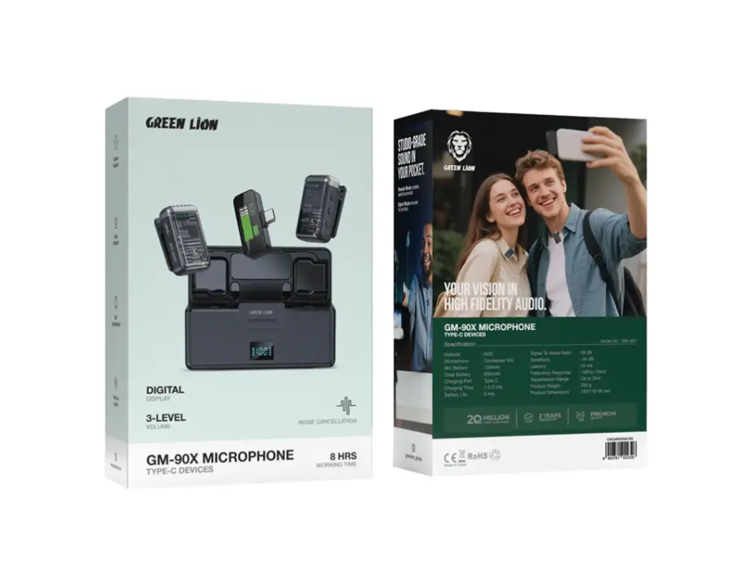 Green Lion GM‑90X Type‑C Wireless Mic – 360° Audio, 8h Battery Green Lion GM‑90X Type‑C Wireless Mic – 360° Audio, 8h Battery